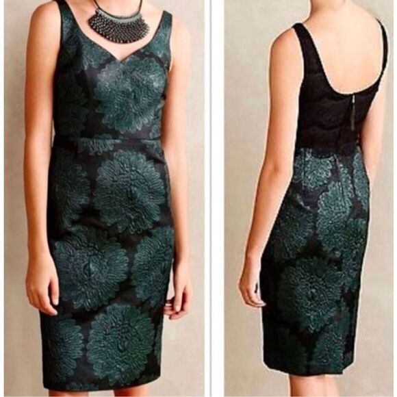 Anthropologie Leifsdottir Hidden Blooms Dress size 4 Brocade Green Floral Sleeve - Picture 1 of 13